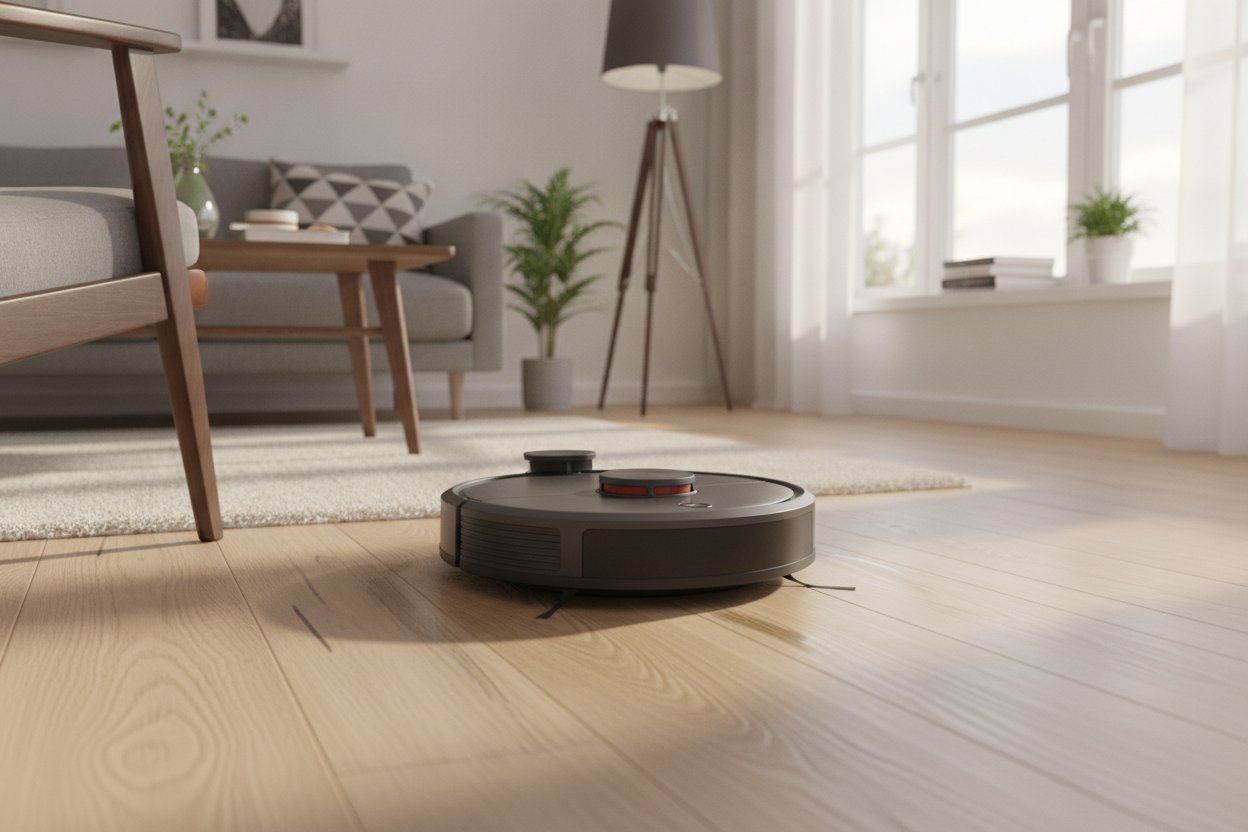 Robot vacuum LiDAR dengan fungsi mop mengelilingi perabot di ruang tamu