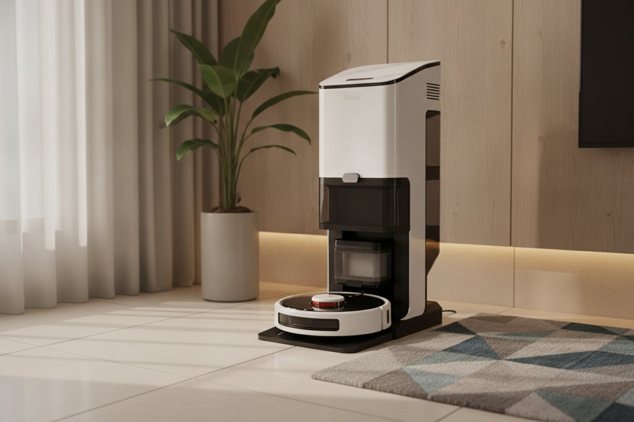 Robot vacuum premium dengan dok auto-buang habuk di rumah moden Malaysia