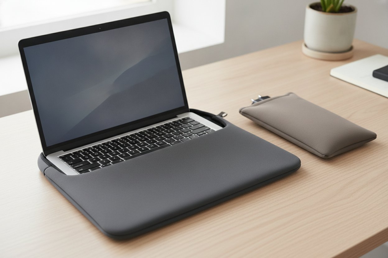 Sleeve laptop neoprene bajet bawah RM60 di atas meja