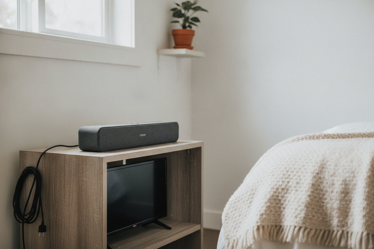 Soundbar padat bajet di atas konsol TV dalam bilik kecil