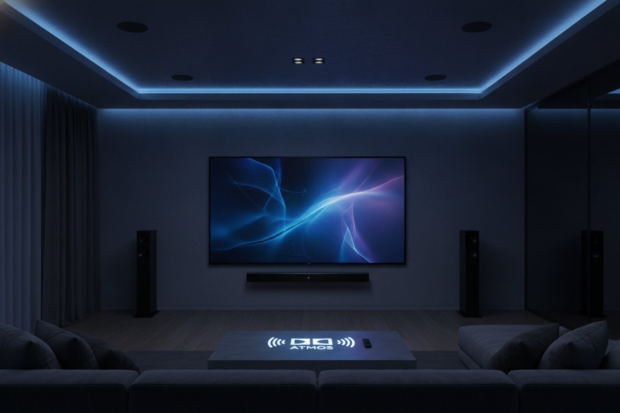 Soundbar premium Dolby Atmos dalam ruang tamu sinematik gelap