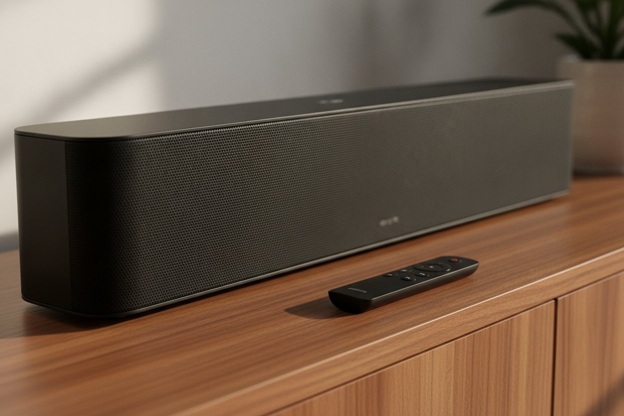 Close-up soundbar hitam moden di atas konsol kayu dengan alat kawalan
