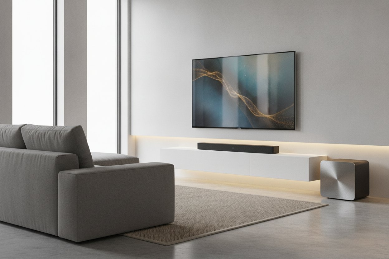 Soundbar dengan subwoofer wayarles di ruang tamu moden