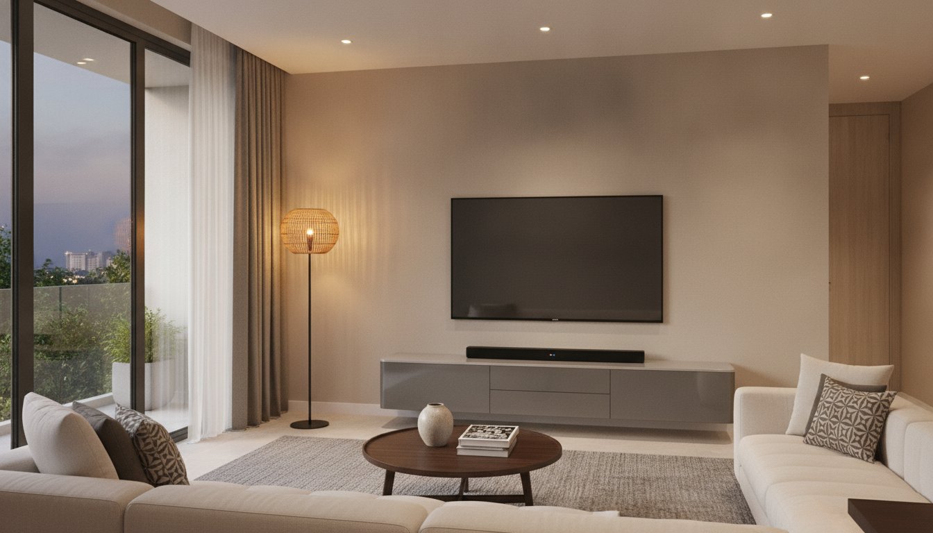 Soundbar terbaik di Malaysia 2026 di bawah TV dinding dalam ruang tamu moden