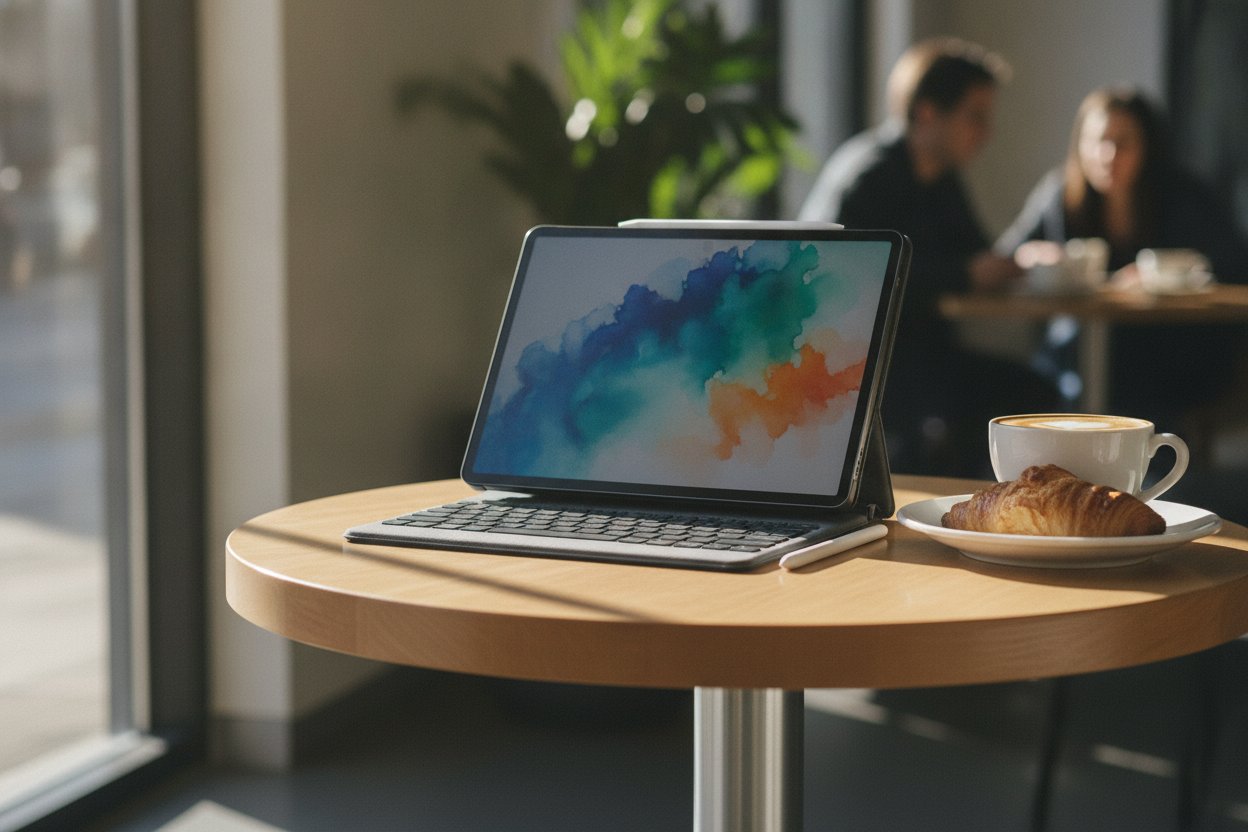 Tablet pertengahan dengan papan kekunci dan stylus