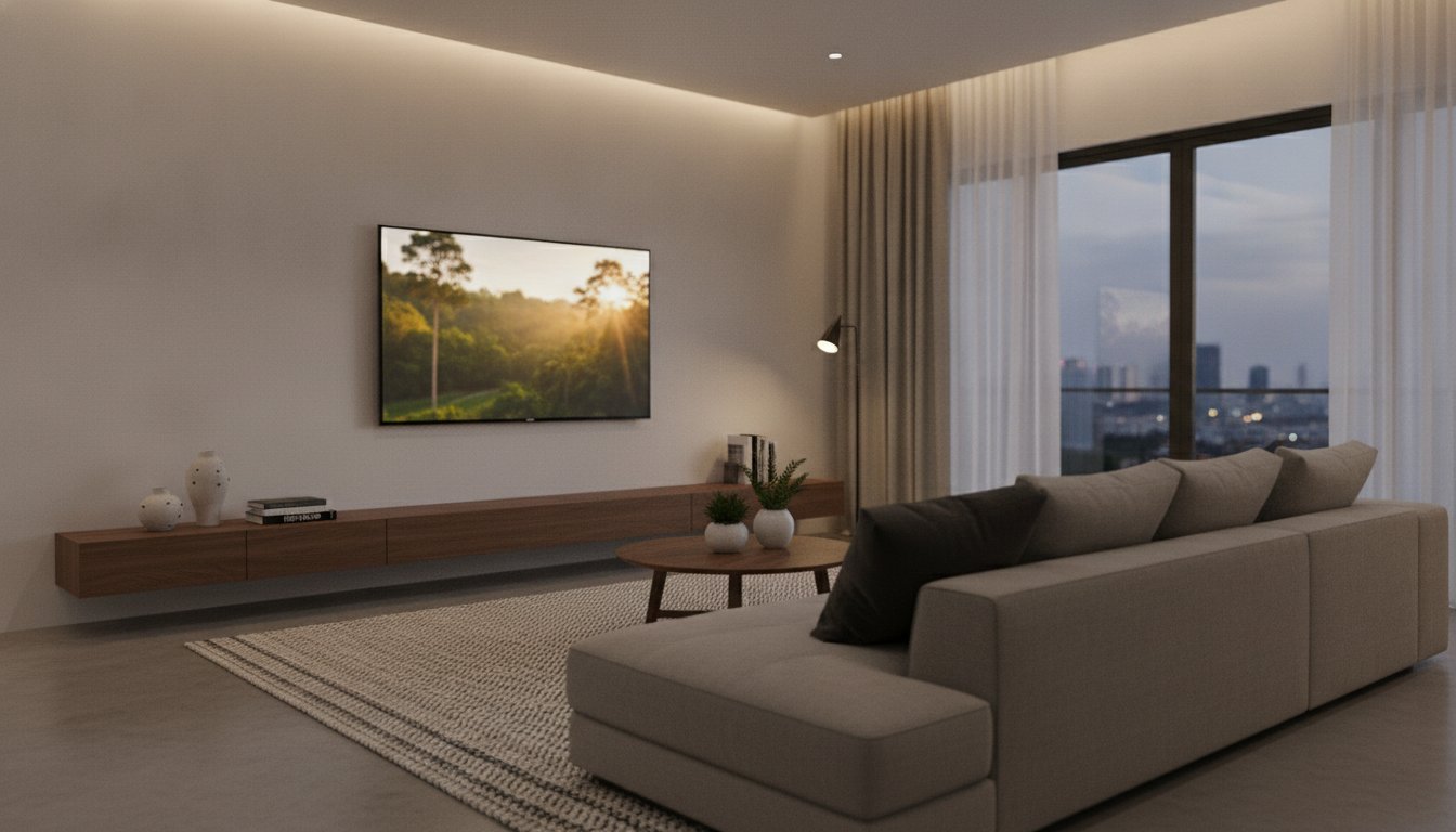 TV terbaik di Malaysia 2026 dipasang di ruang tamu moden